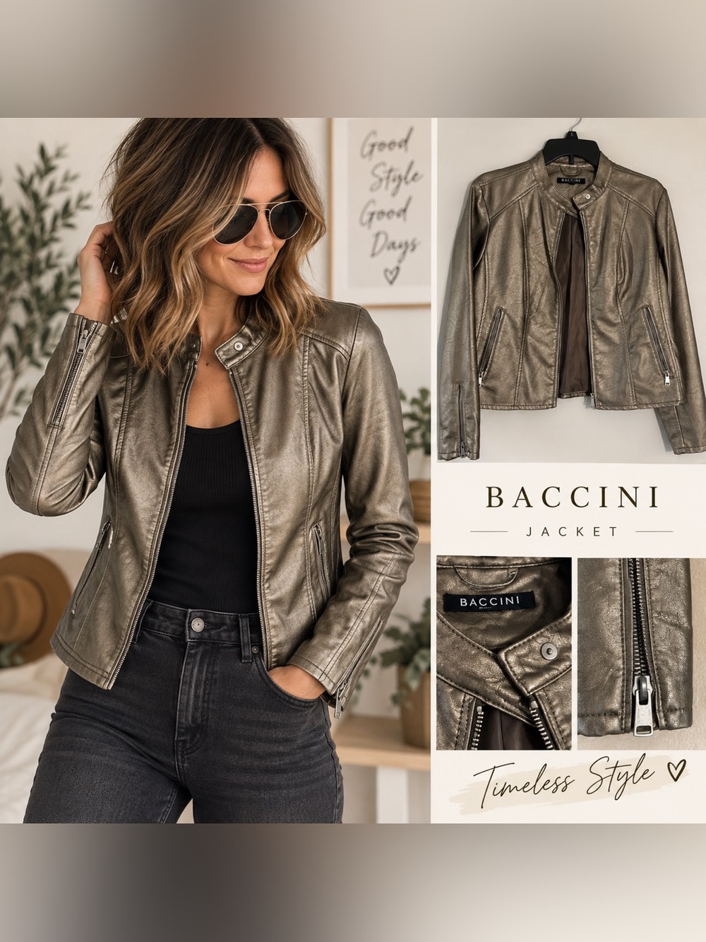 Baccini Metallic/Bronze Faux Leather Moto Jacket - Size PXL